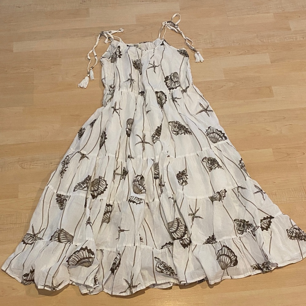 Zury White Seashell Print Boho Maxi Dress Free Size Cotton Beach Coverup